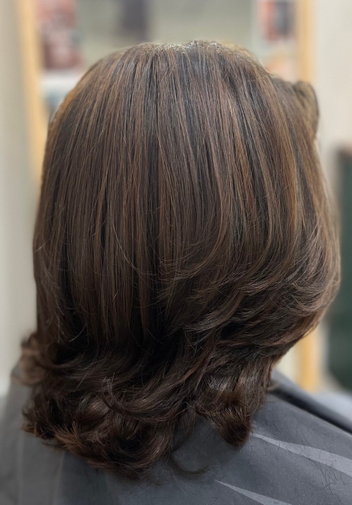 Natural highlights with layers haircut by Ann